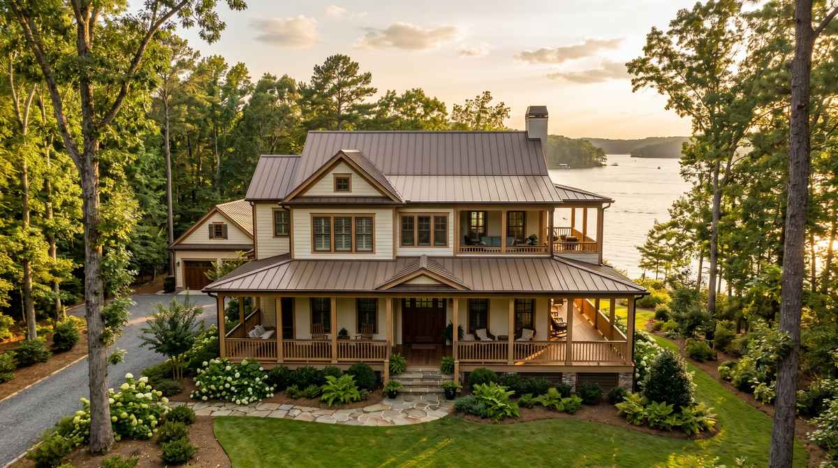 Low country style custom home with wraparound porch and standing seam metal roof on a wooded lot overlooking Lake Wylie South Carolina at sunset