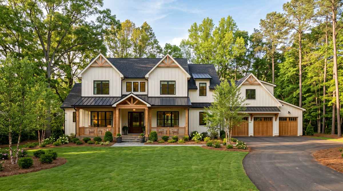 Newly built two-story craftsman-transitional custom home with board-and-batten siding, cedar accents, and black metal roof on a wooded lot in Rock Hill, SC