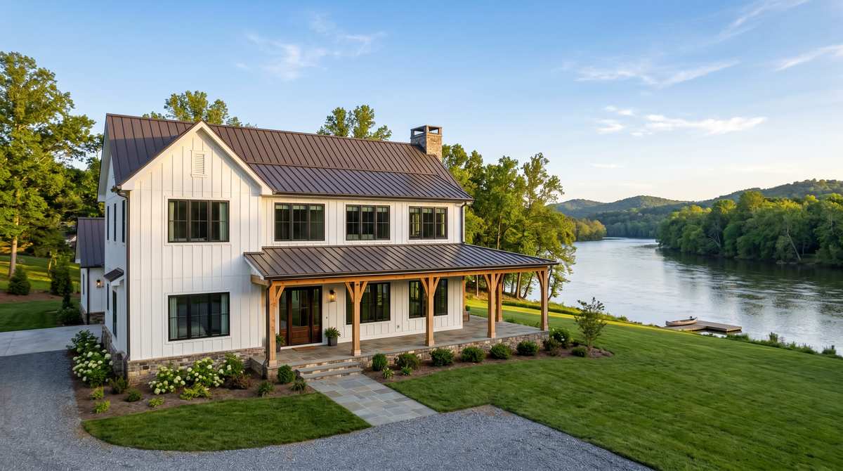 Newly built two-story modern-farmhouse custom home with white board-and-batten siding, dark standing-seam metal roof accents, black-framed windows, stone water-table foundation, and a wide covered front porch with cedar posts, set on a riverfront lot along the Catawba River in Belmont, NC with rolling Piedmont hills in the distance