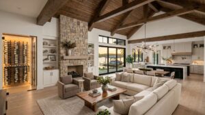 Luxury custom home open-concept great room on a Lake Wylie, SC waterfront lot with vaulted wood-beamed ceiling, floor-to-ceiling windows showing a private dock and boat lift at golden hour, a large stone fireplace with built-in cabinetry, a glass-door climate-controlled wine room on the left, a designer modern chandelier over the dining area, and wide-plank white oak floors