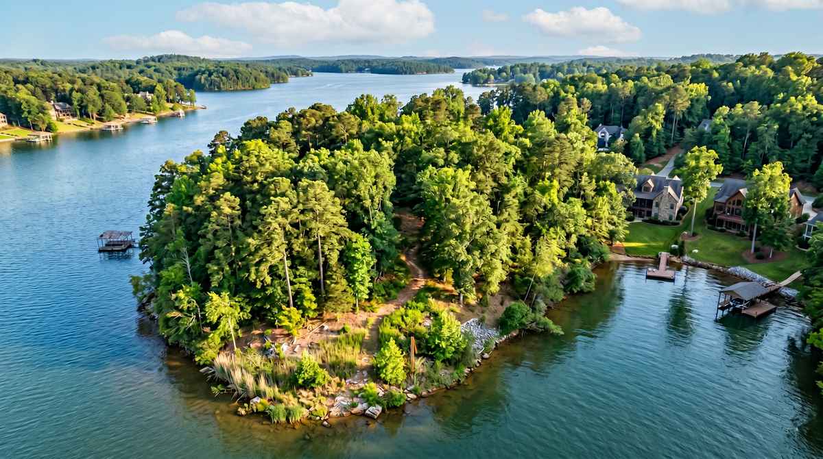 Aerial view of an undeveloped wooded waterfront lot on Lake Wylie, SC ready for custom home construction, with mature pines and hardwoods sloping toward a calm cove, a natural rocky shoreline with native grasses, a small surveyor stake marking the buildable area, and adjacent neighbors with private docks visible across the water in late spring afternoon light
