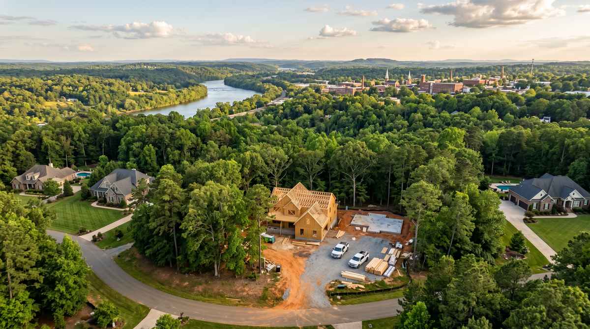 Aerial view of a custom home framed and under construction on a wooded one-acre lot in Gaston County, NC, with a fresh concrete foundation pad, lumber stack, and two work trucks on a clay-orange dirt driveway, mature oaks and pines preserved around the building envelope, established custom homes nearby with manicured lawns, and the Catawba River and a small historic mill town skyline visible in the distance under late-afternoon golden light