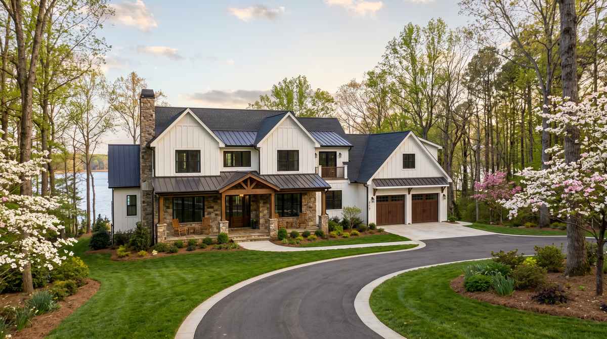 Photorealistic exterior of a newly built modern farmhouse custom home in Mooresville, NC near Lake Norman with stone and white board-and-batten siding, three-car garage, covered front porch, and dogwood trees in spring bloom.