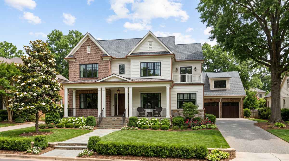 Photorealistic exterior of an upscale newly built two-story brick and Hardie board custom home in a Charlotte, NC neighborhood with a white front porch, southern magnolia tree, and manicured landscaping under a blue Carolina sky.
