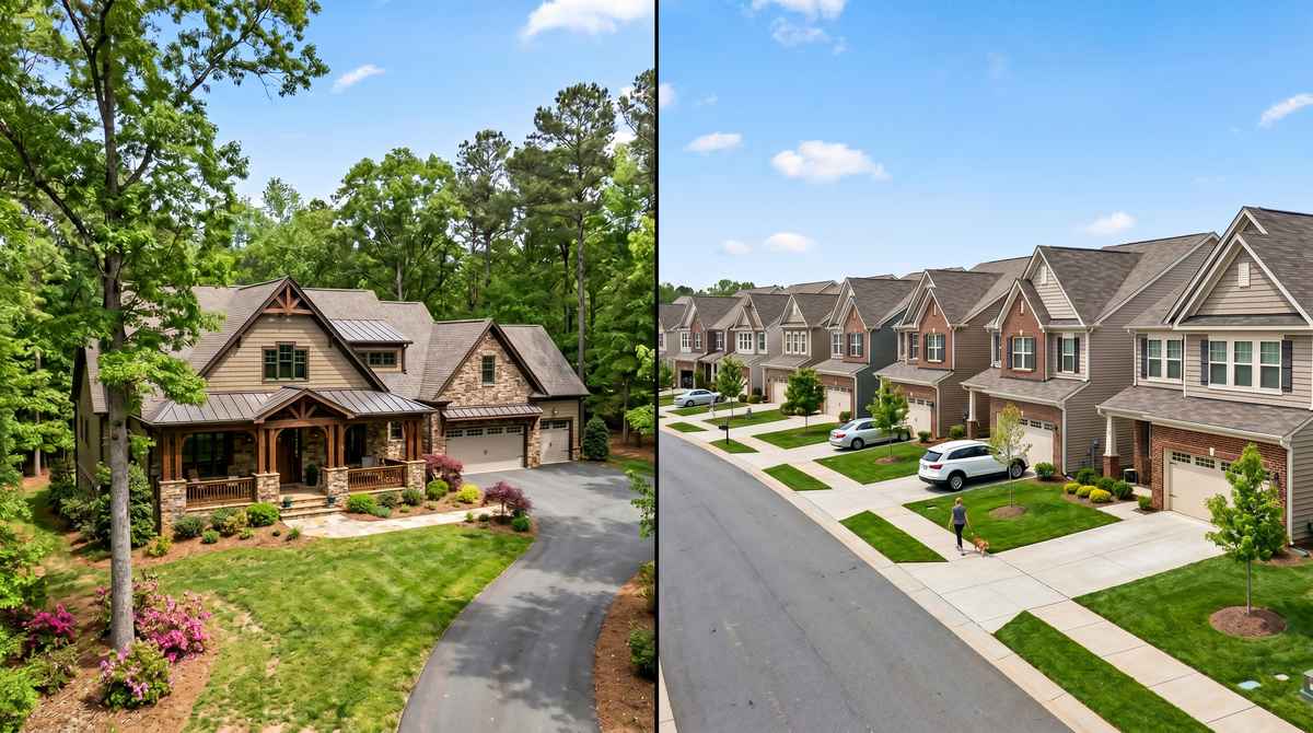 Photorealistic split-scene comparison of a single upscale craftsman custom home on a wooded Charlotte, NC lot on the left, and a row of similar production homes in a Charlotte suburban subdivision on the right under a blue spring sky.