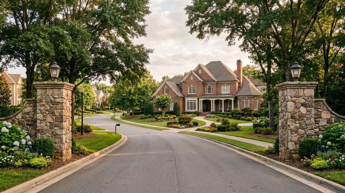 Upscale Charlotte HOA neighborhood entrance with stone pillars, manicured landscaping, and a brick custom home in the background