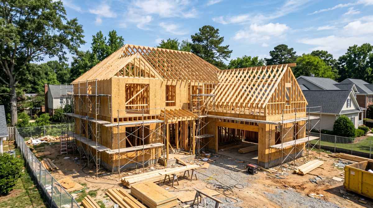 Custom home under construction in Charlotte, North Carolina with exposed wood framing, scaffolding, and roof trusses on a residential lot
