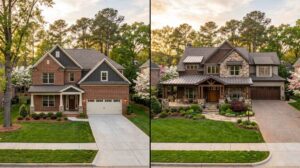 Side-by-side comparison of a brick craftsman spec home and a larger architecturally distinct custom home in a Charlotte, NC suburban neighborhood at golden hour