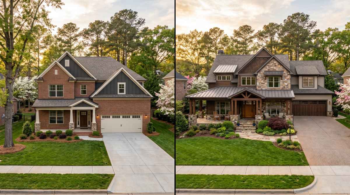 Side-by-side comparison of a brick craftsman spec home and a larger architecturally distinct custom home in a Charlotte, NC suburban neighborhood at golden hour