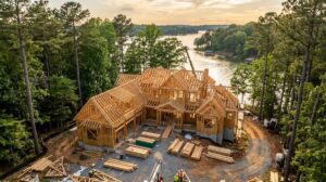 Aerial view of a luxury custom home under construction with framed roof trusses on a wooded waterfront lot near Lake Norman in Huntersville, NC at golden hour