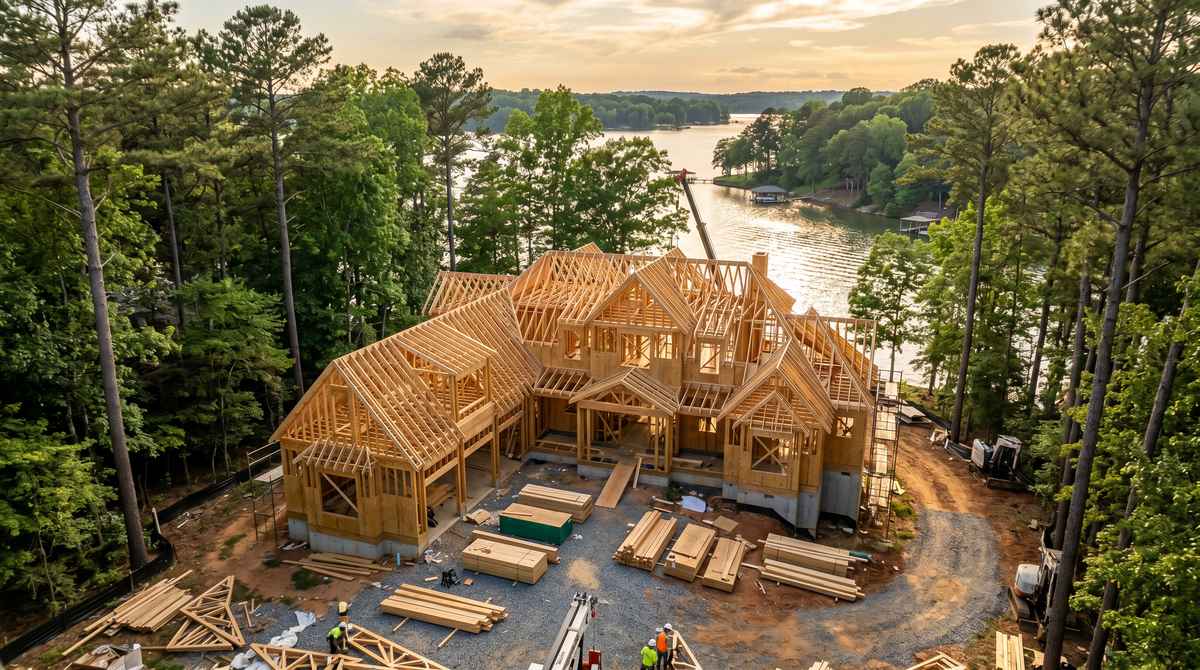 Aerial view of a luxury custom home under construction with framed roof trusses on a wooded waterfront lot near Lake Norman in Huntersville, NC at golden hour