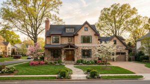Beautifully completed two-story custom home with stone and shake exterior on a manicured lot in an established Charlotte, NC neighborhood at golden hour