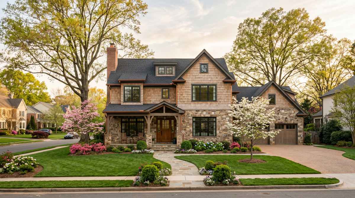 Beautifully completed two-story custom home with stone and shake exterior on a manicured lot in an established Charlotte, NC neighborhood at golden hour