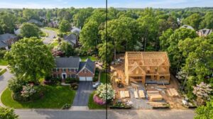 Aerial split view comparing an established existing brick home on the left and a new custom home under construction with framed walls on the right in a wooded Charlotte, NC neighborhood