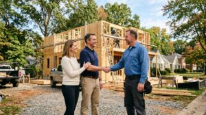 Charlotte, NC homeowner couple shaking hands with a custom home builder at an active residential construction site with framed walls in the background