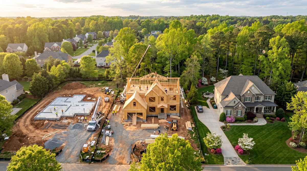 Aerial composite of a custom home build in progress in a wooded Charlotte, NC suburban neighborhood showing fresh foundation, framing with roof trusses, and a finished landscaped home at golden hour