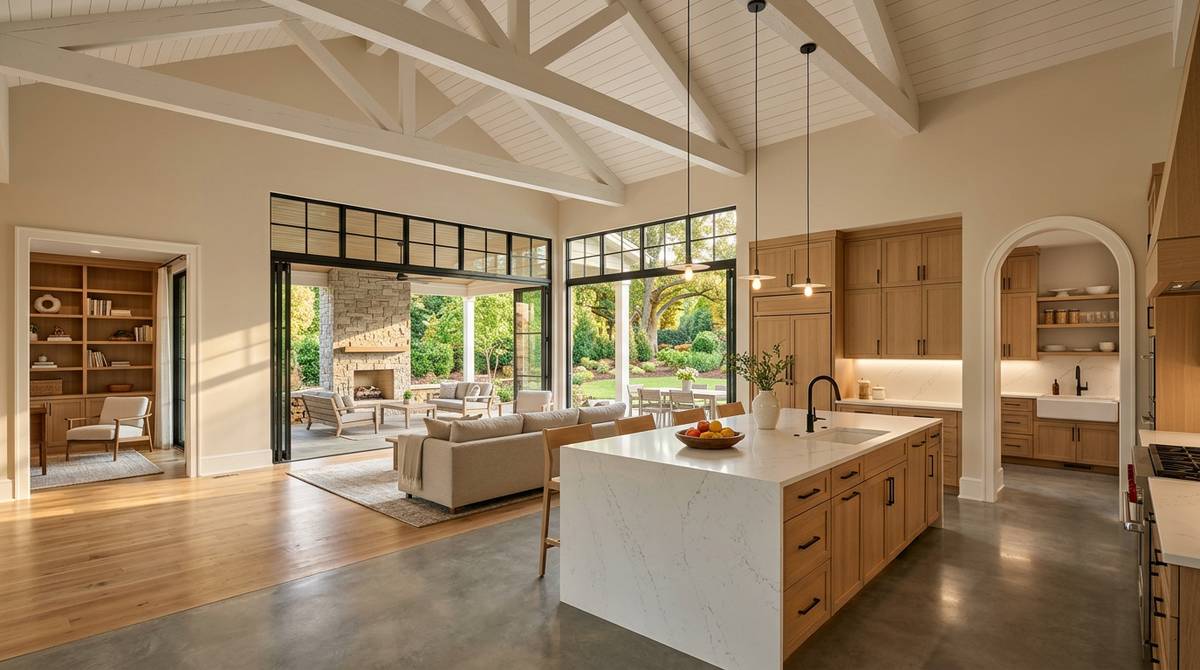 Open-concept luxury custom home interior in Charlotte, NC with white oak cabinetry, scullery pantry visible through arched doorway, vaulted ceiling with exposed beams, indoor-outdoor connection to a covered outdoor living room with stone fireplace