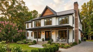 Blog | Cooper Development Group Modern farmhouse custom home exterior in the Charlotte, NC area with white board-and-batten siding, charcoal trim, standing-seam metal accent roof, oversized black-framed windows, deep covered front porch with stained ceiling, brick chimney, and crepe myrtle landscaping at golden hour