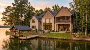 Blog | Cooper Development Group Luxury waterfront custom home on Lake Norman, NC at golden hour with limewashed brick lower level, cedar-stained shake gables, two-story walls of black-framed steel windows facing the water, deep covered outdoor living room, second-story screened porch, terraced lawn descending to a private wooden pier and covered boathouse, calm lake water reflecting the sky