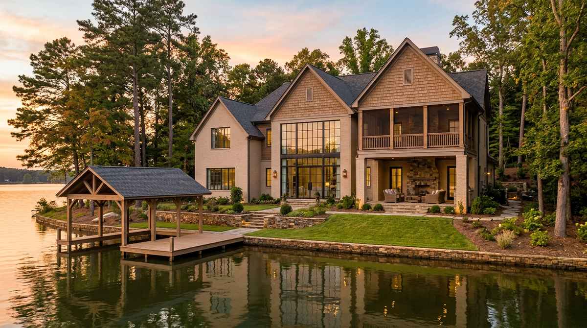 Luxury waterfront custom home on Lake Norman, NC at golden hour with limewashed brick lower level, cedar-stained shake gables, two-story walls of black-framed steel windows facing the water, deep covered outdoor living room, second-story screened porch, terraced lawn descending to a private wooden pier and covered boathouse, calm lake water reflecting the sky