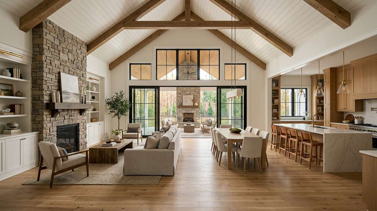 Luxury open-concept main level interior of a custom home in Charlotte, NC with vaulted ceiling and exposed wood beams, white oak kitchen cabinetry, long quartz waterfall island, casual dining zone, great room with stone fireplace and built-in shelving, oversized black-framed windows opening to a covered outdoor living room with a second stone fireplace, wide-plank white oak floors flowing throughout
