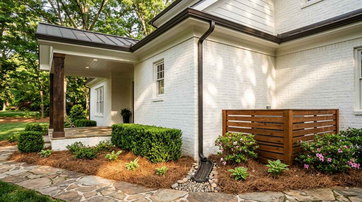 Corner of a white-brick custom home in Charlotte, North Carolina showing a downspout, splash block, river-rock drainage, pine-straw beds, and a wood-slat screen around the HVAC condenser on a sunny spring day.