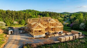 Blog | Cooper Development Group Aerial view of a custom home under construction in the Charlotte, North Carolina metro area in spring, mid-framing stage with wood trusses going up, foundation poured, lumber stacks and a telehandler on site, surrounded by rolling green Carolina hills, pine trees, and flowering dogwoods.