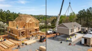 Blog | Cooper Development Group Side-by-side construction comparison in the Charlotte, North Carolina metro: on the left a stick-built custom home being framed on site with workers and lumber stacks, on the right a crane lifting a prefabricated modular home section onto a permanent foundation, set against rolling Carolina pine forest and dogwoods on a clear spring day.