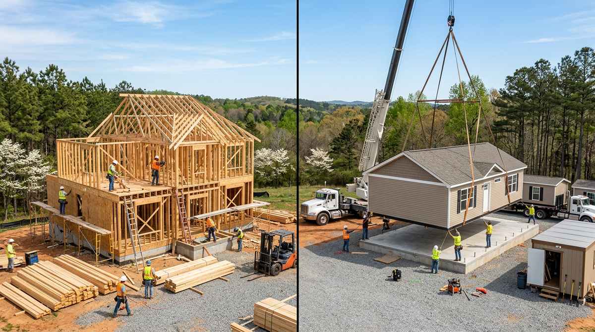 Side-by-side construction comparison in the Charlotte, North Carolina metro: on the left a stick-built custom home being framed on site with workers and lumber stacks, on the right a crane lifting a prefabricated modular home section onto a permanent foundation, set against rolling Carolina pine forest and dogwoods on a clear spring day.