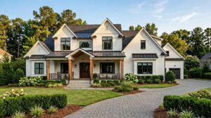 Blog | Cooper Development Group Two-story Southern modern farmhouse custom home in the Charlotte, North Carolina metro on a sunny day, white painted brick exterior with dark window frames, standing seam metal roof accents, covered front porch with cedar columns, manicured boxwood landscaping, hydrangeas, and a paver driveway, framed by mature pine and dogwood trees in late afternoon light.