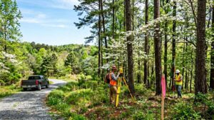 Blog | Cooper Development Group A land survey crew on a wooded private lot in the Charlotte, North Carolina area in spring, one surveyor operating a tripod-mounted total station while another holds a survey rod near a wooden stake with pink ribbon, a pickup truck on the gravel driveway, surrounded by mature pine trees, blooming dogwoods, and rolling Carolina landscape under a clear blue sky.