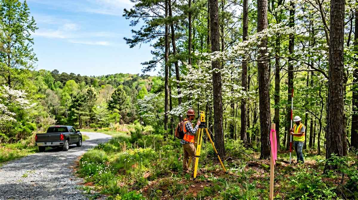 A land survey crew on a wooded private lot in the Charlotte, North Carolina area in spring, one surveyor operating a tripod-mounted total station while another holds a survey rod near a wooden stake with pink ribbon, a pickup truck on the gravel driveway, surrounded by mature pine trees, blooming dogwoods, and rolling Carolina landscape under a clear blue sky.