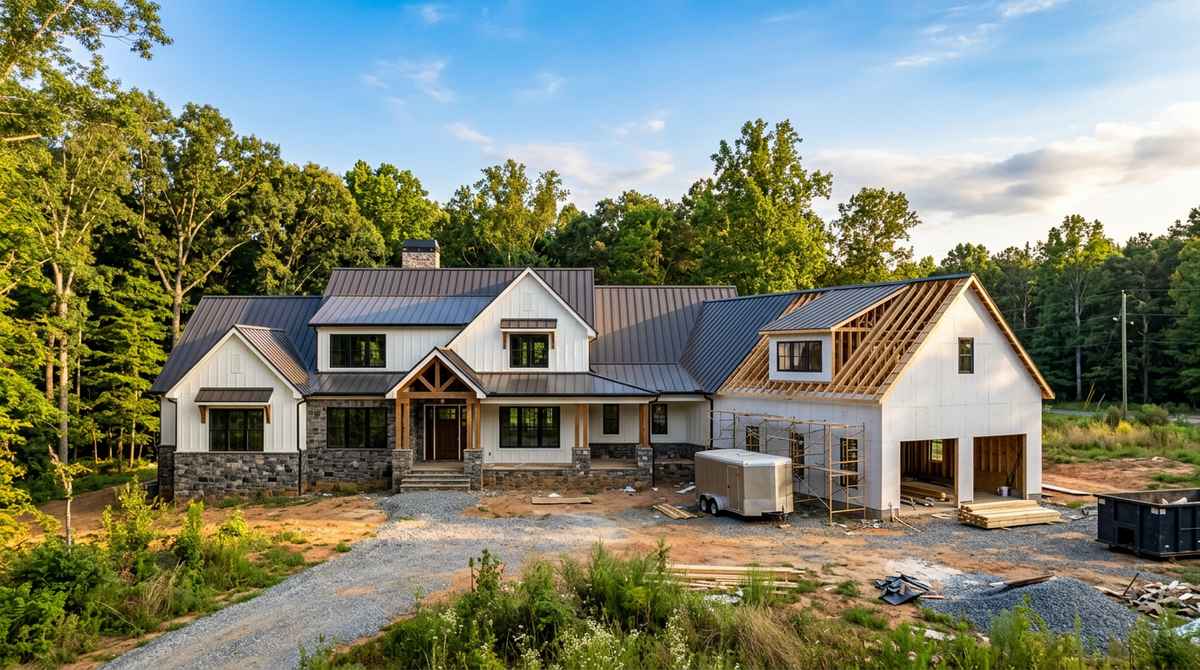 Custom modern farmhouse home under construction in Charlotte, NC with stone foundation, board-and-batten siding, dark metal roof, partial framing visible, mature trees, blue Carolina sky.