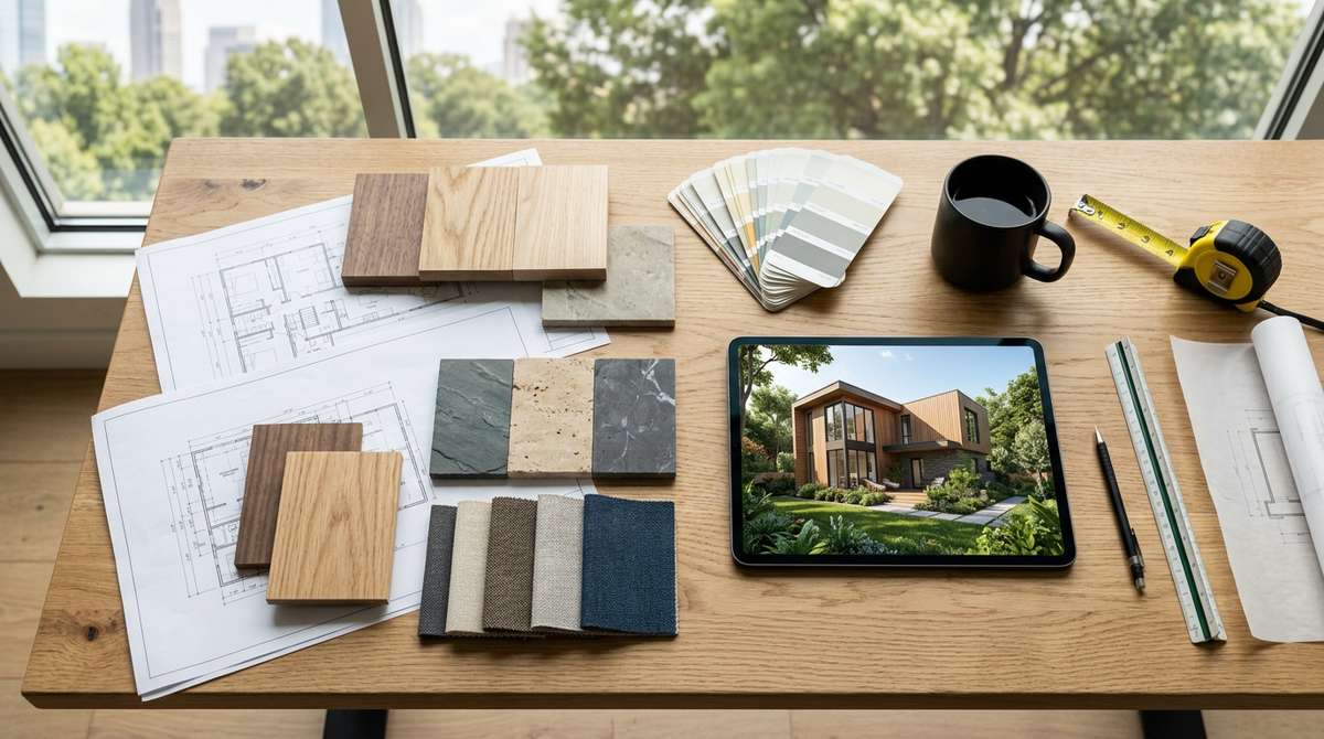 Overhead flat-lay of architectural blueprints, wood and stone material samples, color palette cards, tape measure and tablet showing a 3D house rendering on a light wood desk in a Charlotte design studio.