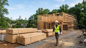 Blog | Cooper Development Group General contractor walking a partially-framed Charlotte, NC residential build site with stacked lumber, scaffolding, and the city skyline in the background