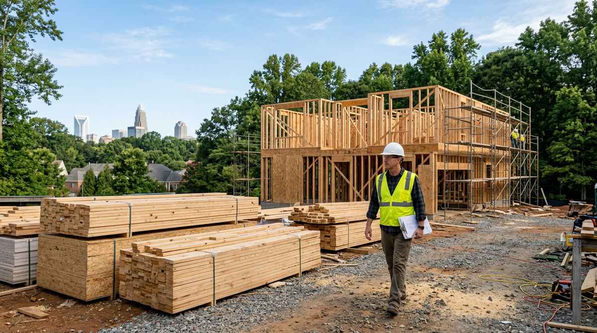 General contractor walking a partially-framed Charlotte, NC residential build site with stacked lumber, scaffolding, and the city skyline in the background
