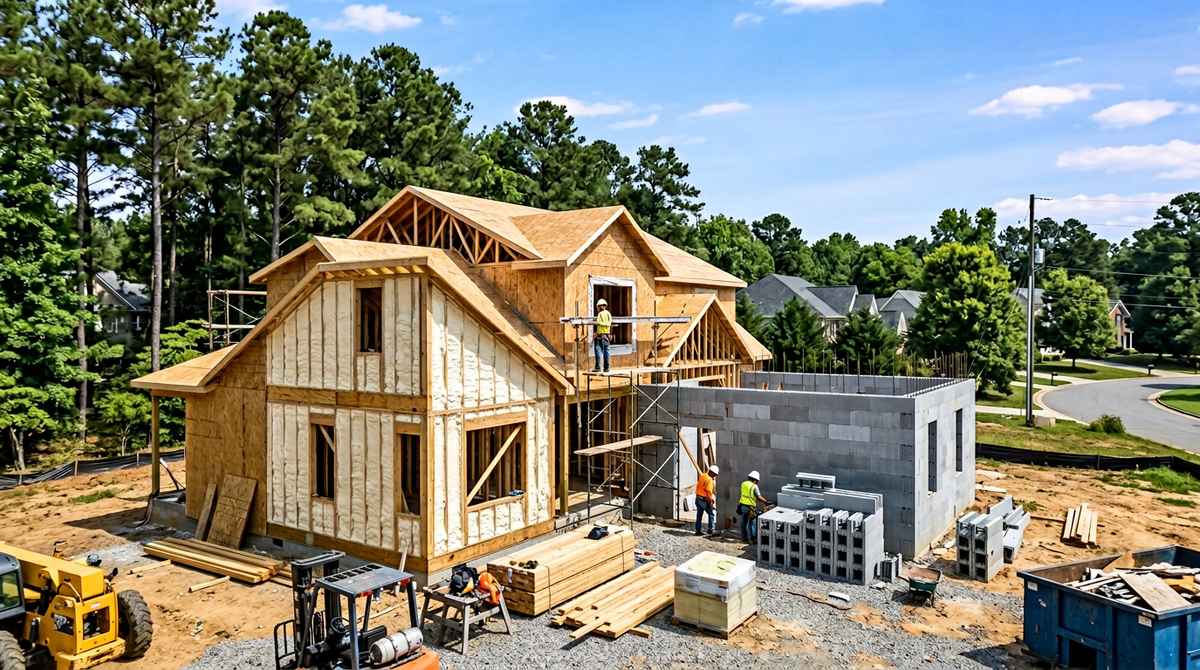 Energy-efficient custom home under construction in suburban Charlotte, NC with spray foam insulation in stud bays and ICF block walls in the foreground