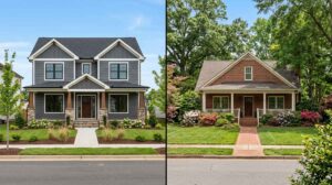 Blog | Cooper Development Group Side-by-side comparison of a new craftsman custom home and an established 1990s brick traditional home in suburban Charlotte, NC neighborhoods