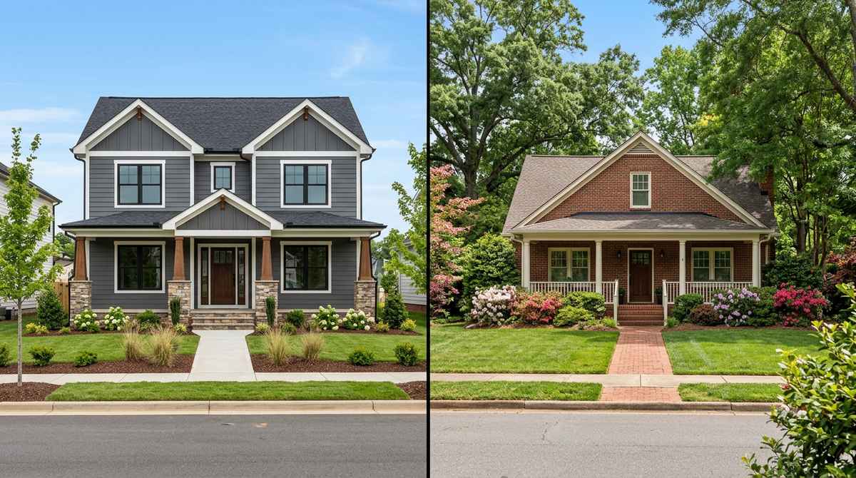 Side-by-side comparison of a new craftsman custom home and an established 1990s brick traditional home in suburban Charlotte, NC neighborhoods