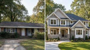 Blog | Cooper Development Group Side-by-side before-and-after comparison of a 1980s brick ranch home and a new luxury craftsman two-story custom home on the same Charlotte, NC lot