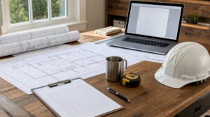 Blog | Cooper Development Group Permit office and code enforcement counter in Mecklenburg County, North Carolina, with construction plans and inspection paperwork laid out under natural daylight