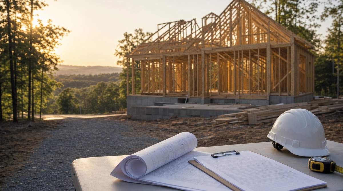 Architectural blueprints, permit clipboard, hardhat and tape measure on a folding table at a wood-framed residential construction site in York County, South Carolina at golden hour