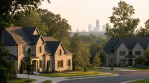 Blog | Cooper Development Group Two large brick and stone two-story custom homes at golden hour in an upscale new construction neighborhood in the Charlotte, North Carolina metro area, with the Charlotte skyline silhouette visible in the hazy distance through mature southern hardwoods