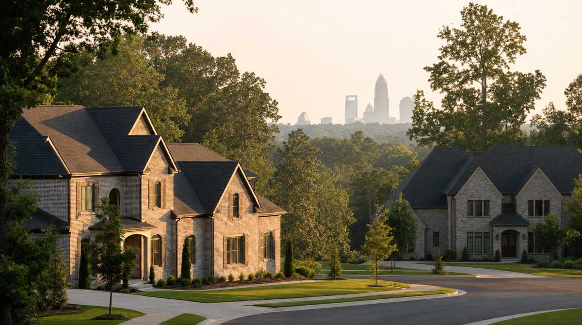 Two large brick and stone two-story custom homes at golden hour in an upscale new construction neighborhood in the Charlotte, North Carolina metro area, with the Charlotte skyline silhouette visible in the hazy distance through mature southern hardwoods