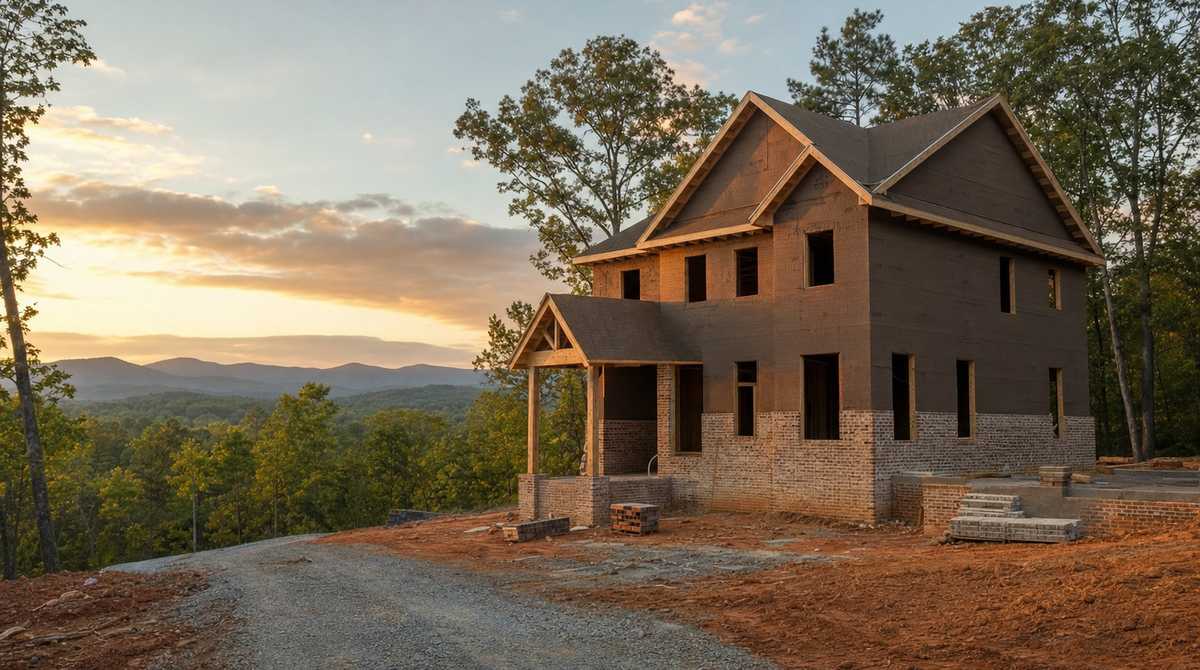 Two-story custom home under construction at golden hour on a rural lot in Cleveland County, North Carolina, with framing complete, brick veneer partway up the first floor, red Piedmont clay soil around the foundation, and the South Mountains rolling in the hazy distance