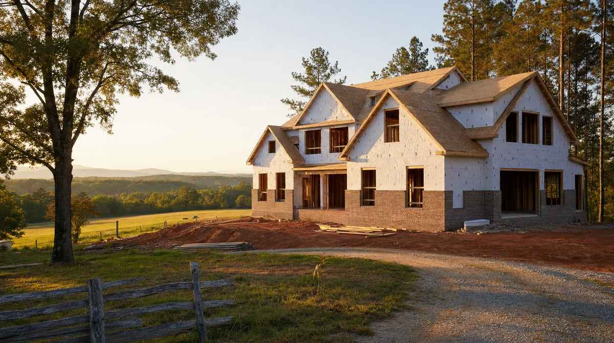 Two-story custom home under construction at golden hour on a rural lot in Chester County, South Carolina, with white house wrap, brick veneer partway up the first floor, red Carolina clay soil around the foundation, an old split-rail wood fence at the field edge, and rolling SC Piedmont hills in the soft hazy distance