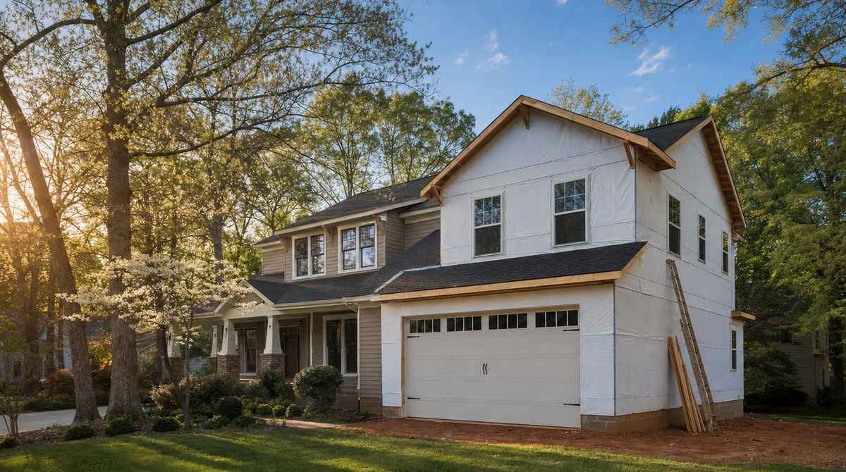 Two-story Craftsman home in a leafy Charlotte, North Carolina neighborhood mid-construction with a fresh second-story room addition above the attached garage, plain white house wrap on the new framing, dark gray asphalt-shingle roof tying old to new, warm taupe siding on the original first floor, southern oaks and a flowering dogwood in the front yard, sandy red Carolina clay at the foundation perimeter, a wooden ladder leaning against the side wall, soft golden-hour light from the left, deep blue Carolinas sky overhead
