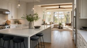 Bright open-concept renovated Charlotte North Carolina kitchen with white shaker cabinets, quartz waterfall island, oak hardwood floors, and a sunlit living room visible through large casement windows
