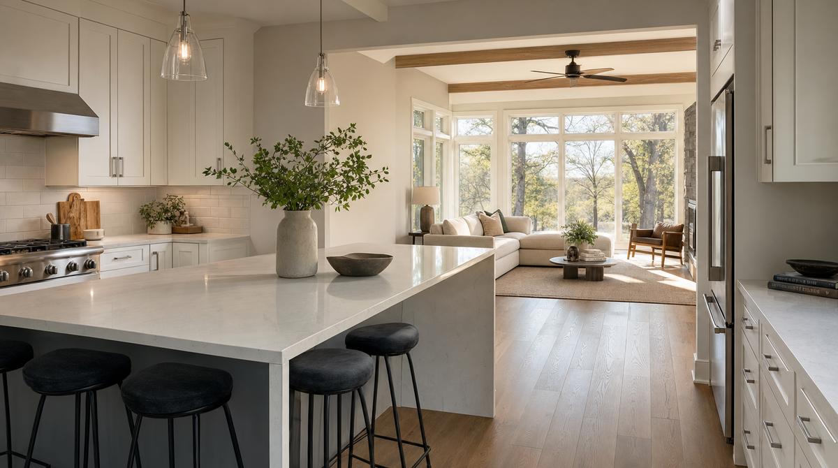 Bright open-concept renovated Charlotte North Carolina kitchen with white shaker cabinets, quartz waterfall island, oak hardwood floors, and a sunlit living room visible through large casement windows