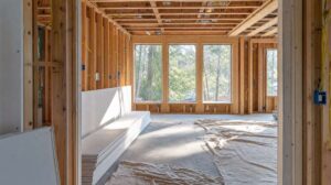 Charlotte North Carolina home in mid-renovation showing exposed wood stud framing, electrical rough-in wiring, fresh drywall stacked against the wall, and daylight through unfinished window openings